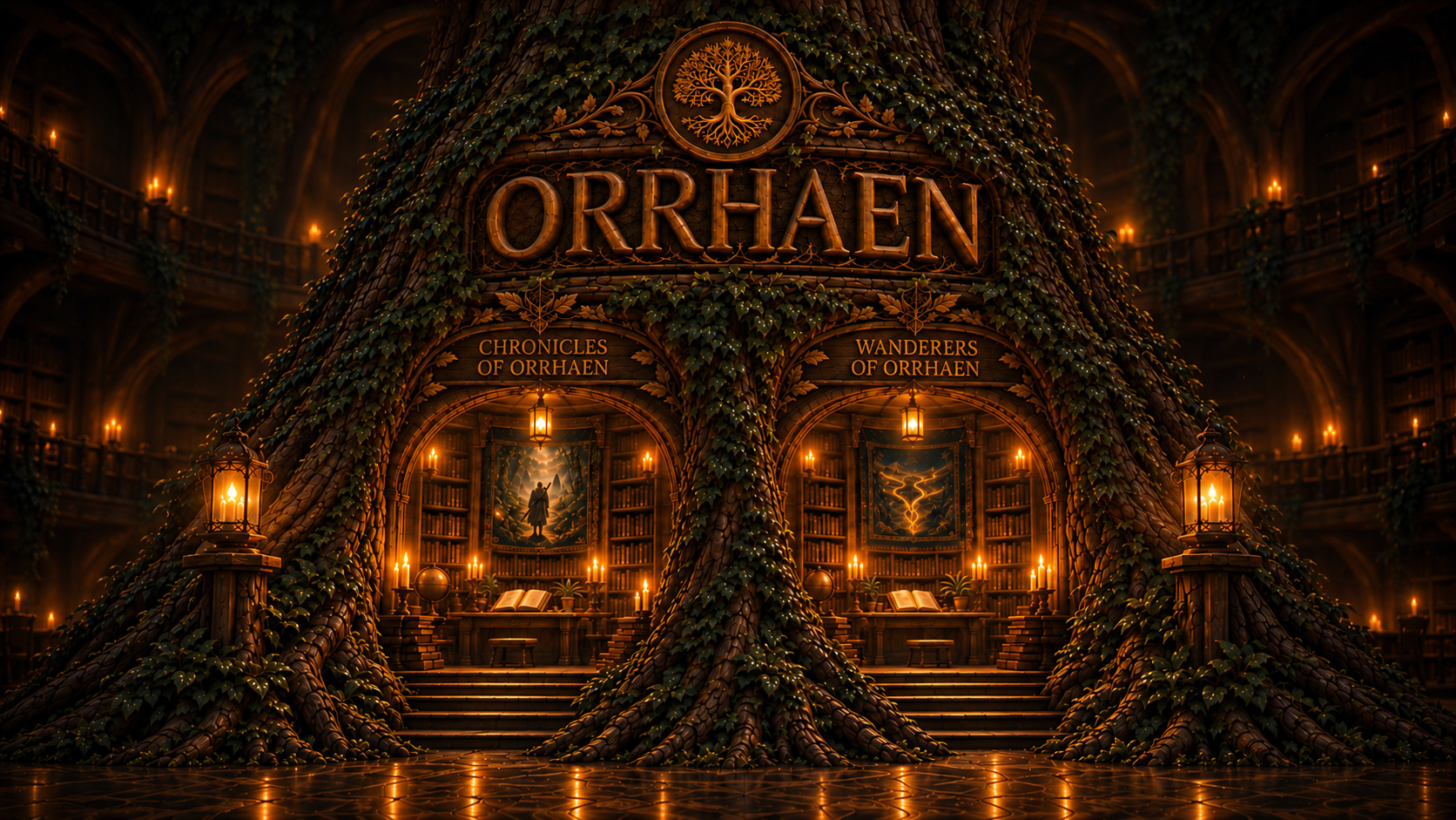 The heart of the Library of Orrhaen: a vast ivy-covered tree with the name Orrhaen carved across its trunk beneath a carved Elder Tree, and candlelit galleries of books in the shadows behind it. Two arched reading nooks open between its roots, each under a carved nameboard: Chronicles of Orrhaen on the left, Wanderers of Orrhaen on the right.