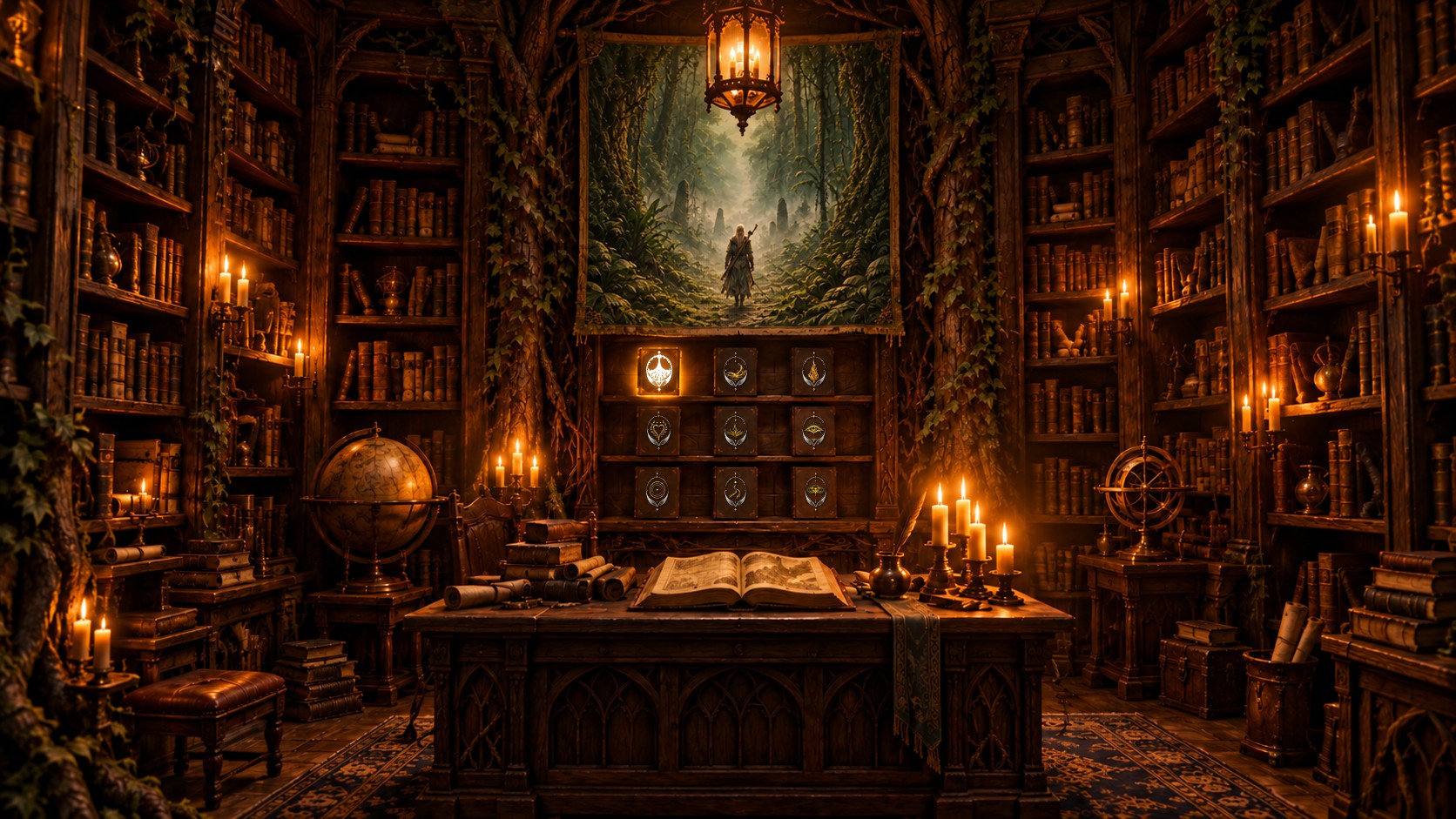 The Chronicles of Orrhaen reading room inside the great tree: tall shelves of books on both walls, a hanging lantern, a desk with an open book and candles, a tapestry of a lone figure walking a jungle path, and beneath it nine books facing out on a display shelf, the first one glowing gold.